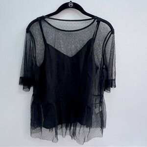 Black Swiss dot size medium short sleeve sheer shirt with spaghetti strap cami